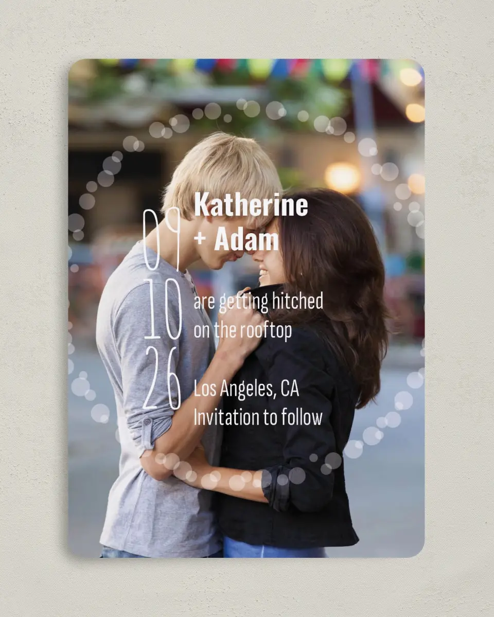 This is a 5" x 7" Save the Date Card called Rooftop Party printed in full color on Premium Smooth paper
