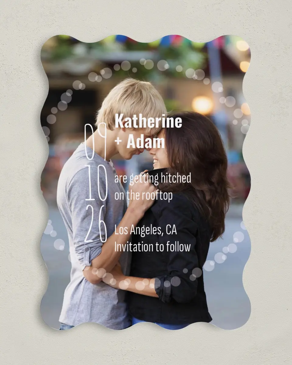 This is a 5" x 7" Save the Date Card called Rooftop Party printed in full color on Premium Smooth paper