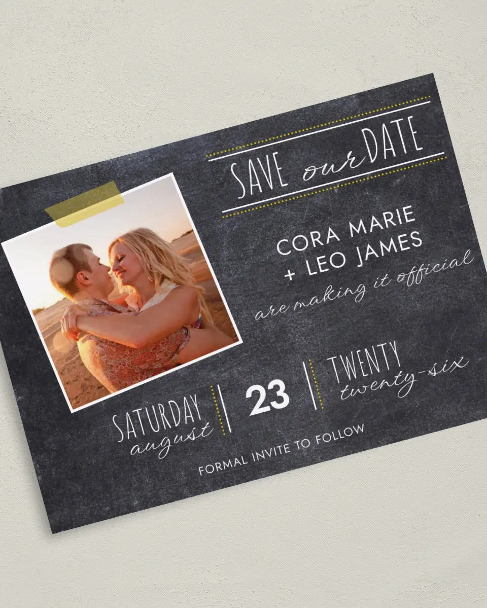 This is a 5" x 7" Save the Date Card called Modern Chalkboard printed in full color on Premium Smooth paper