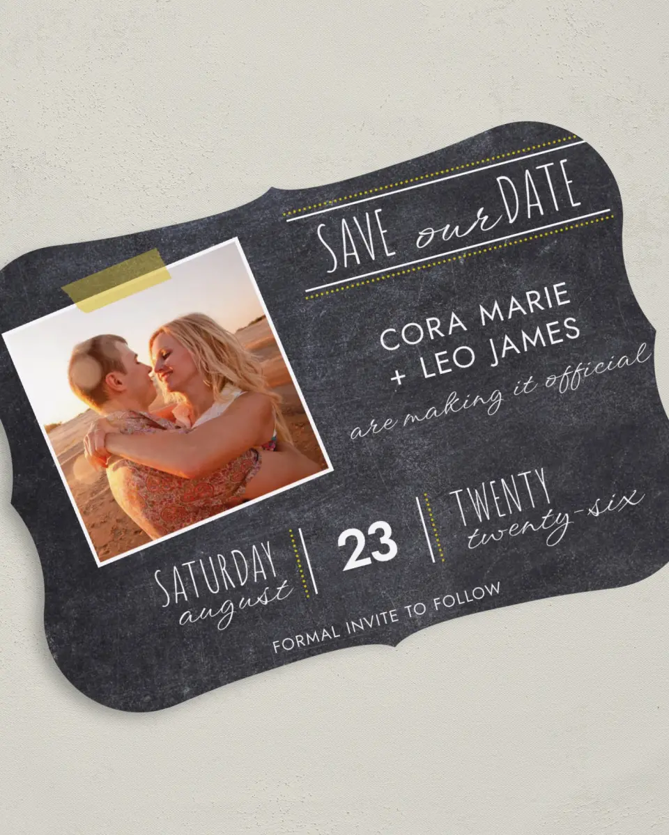 This is a 5" x 7" Save the Date Card called Modern Chalkboard printed in full color on Premium Smooth paper