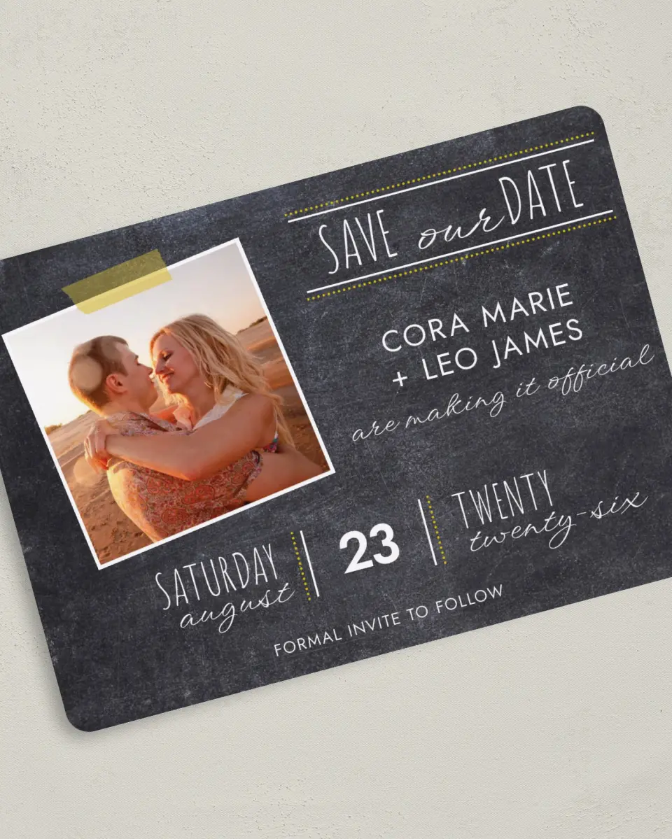 This is a 5" x 7" Save the Date Card called Modern Chalkboard printed in full color on Premium Smooth paper