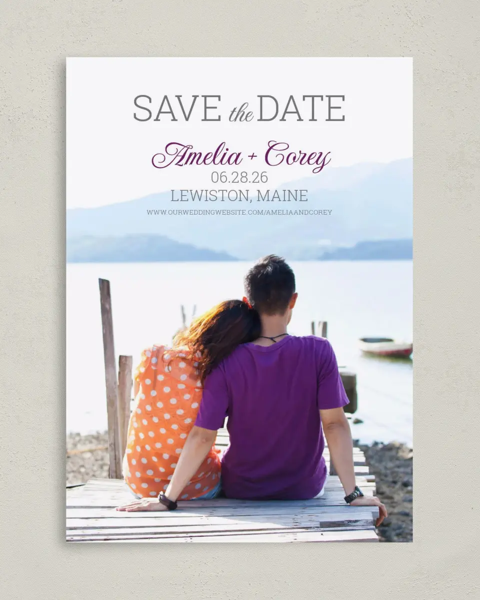 This is a 5" x 7" Save the Date Card called Simply Smitten printed in full color on Premium Smooth paper