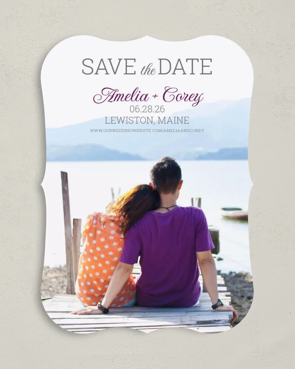 This is a 5" x 7" Save the Date Card called Simply Smitten printed in full color on Premium Smooth paper