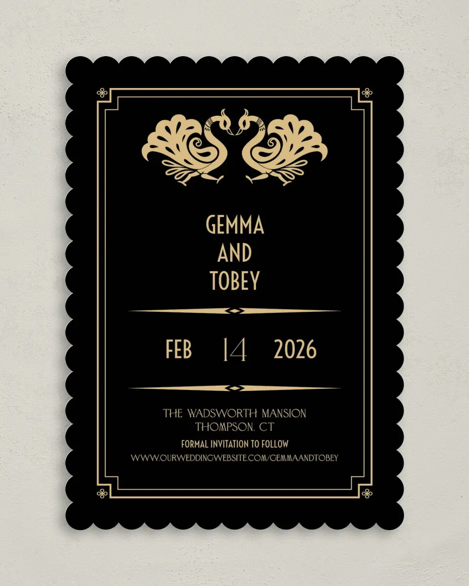 This is a 5" x 7" Save the Date Card called Deco Glam printed in full color on Premium Smooth paper