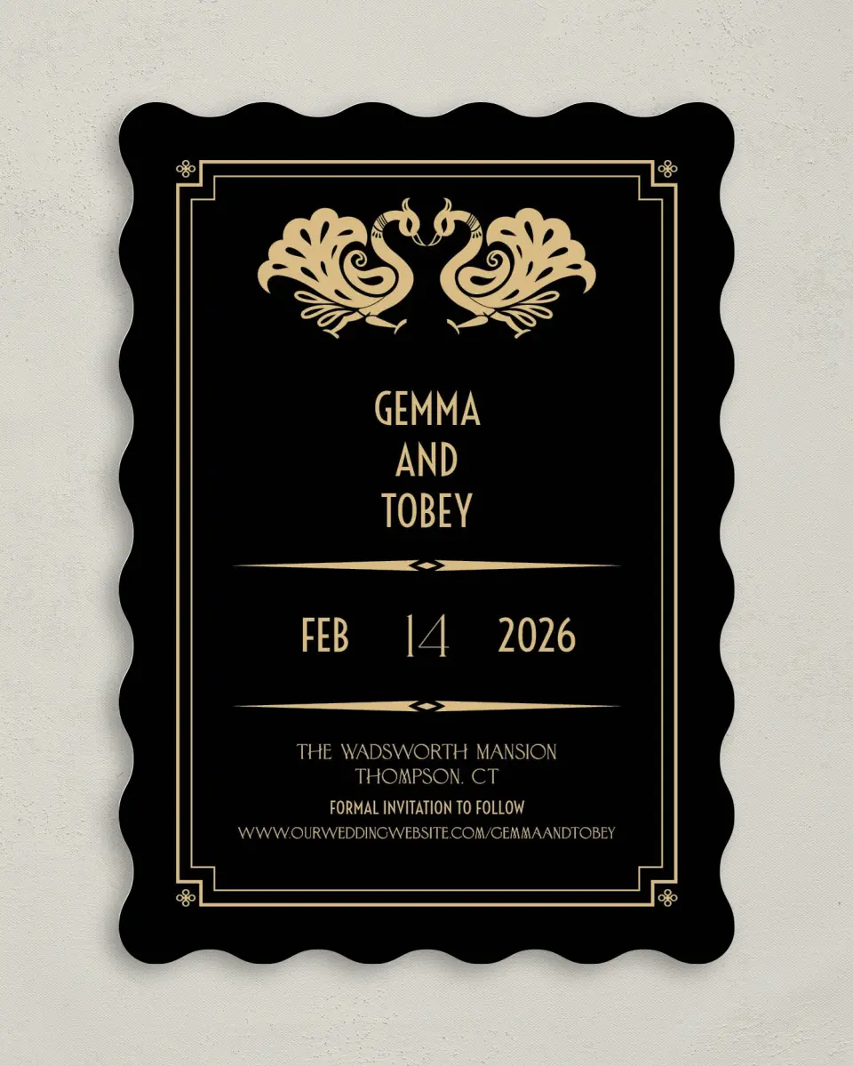 This is a 5" x 7" Save the Date Card called Deco Glam printed in full color on Premium Smooth paper