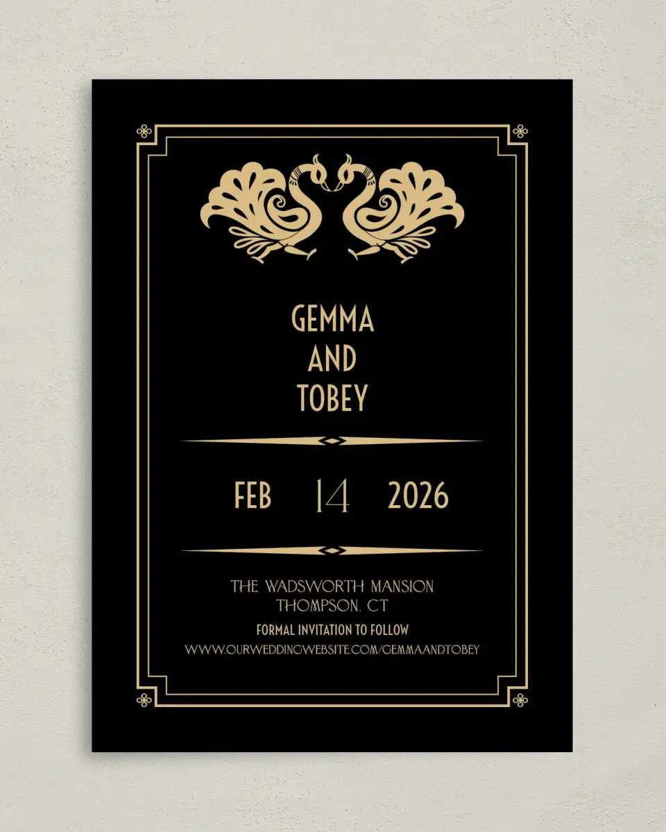 This is a 5" x 7" Save the Date Card called Deco Glam printed in full color on Premium Smooth paper