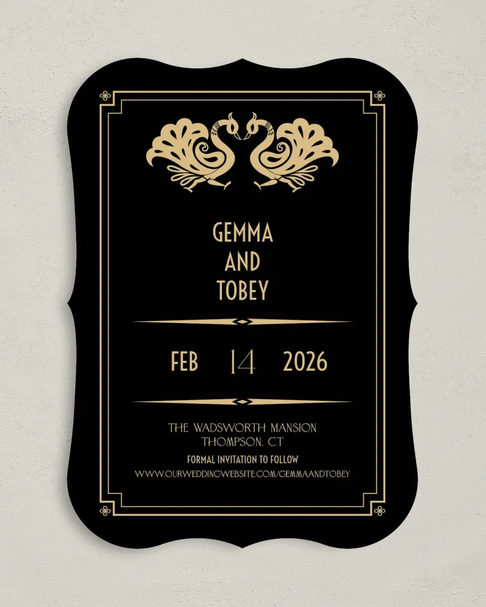 This is a 5" x 7" Save the Date Card called Deco Glam printed in full color on Premium Smooth paper