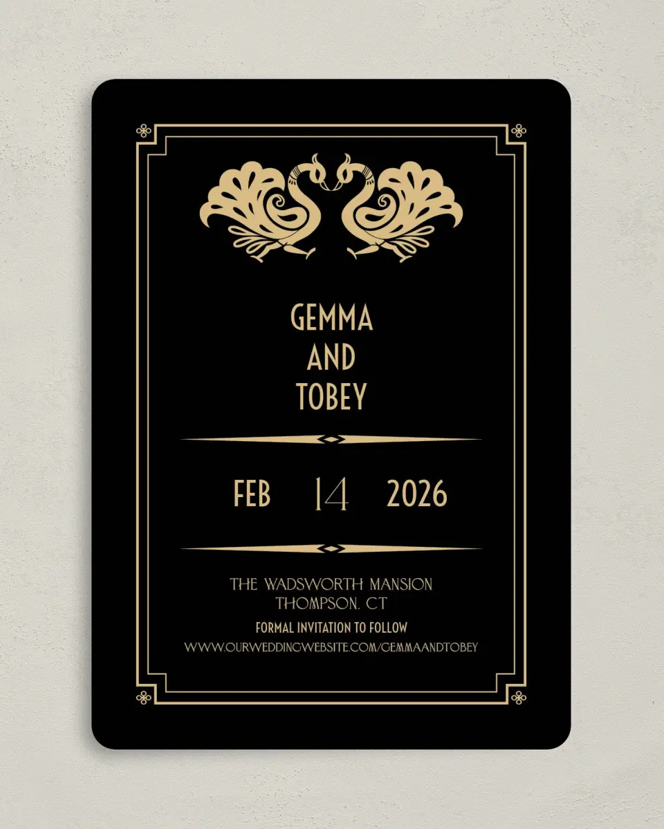 This is a 5" x 7" Save the Date Card called Deco Glam printed in full color on Premium Smooth paper