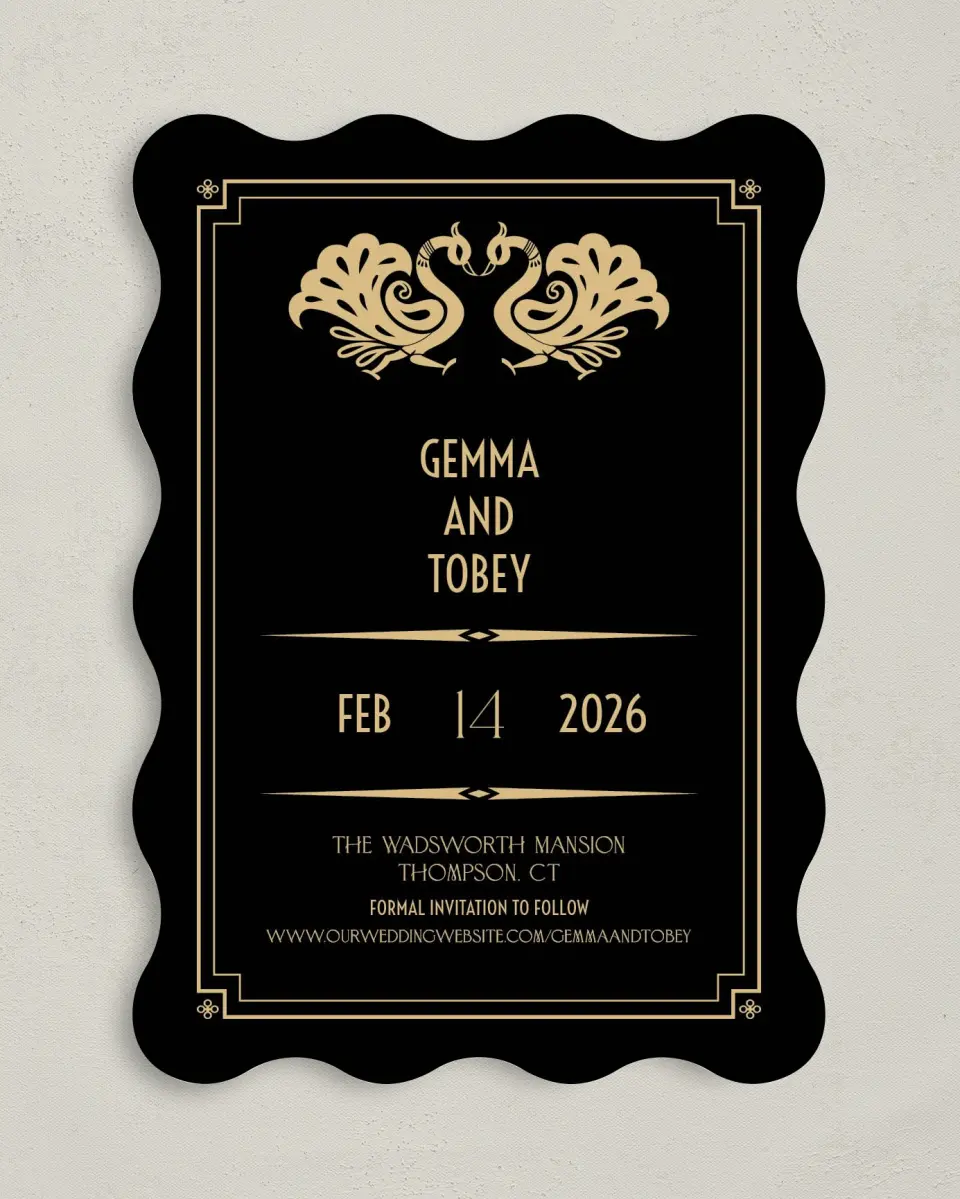 This is a 5" x 7" Save the Date Card called Deco Glam printed in full color on Premium Smooth paper