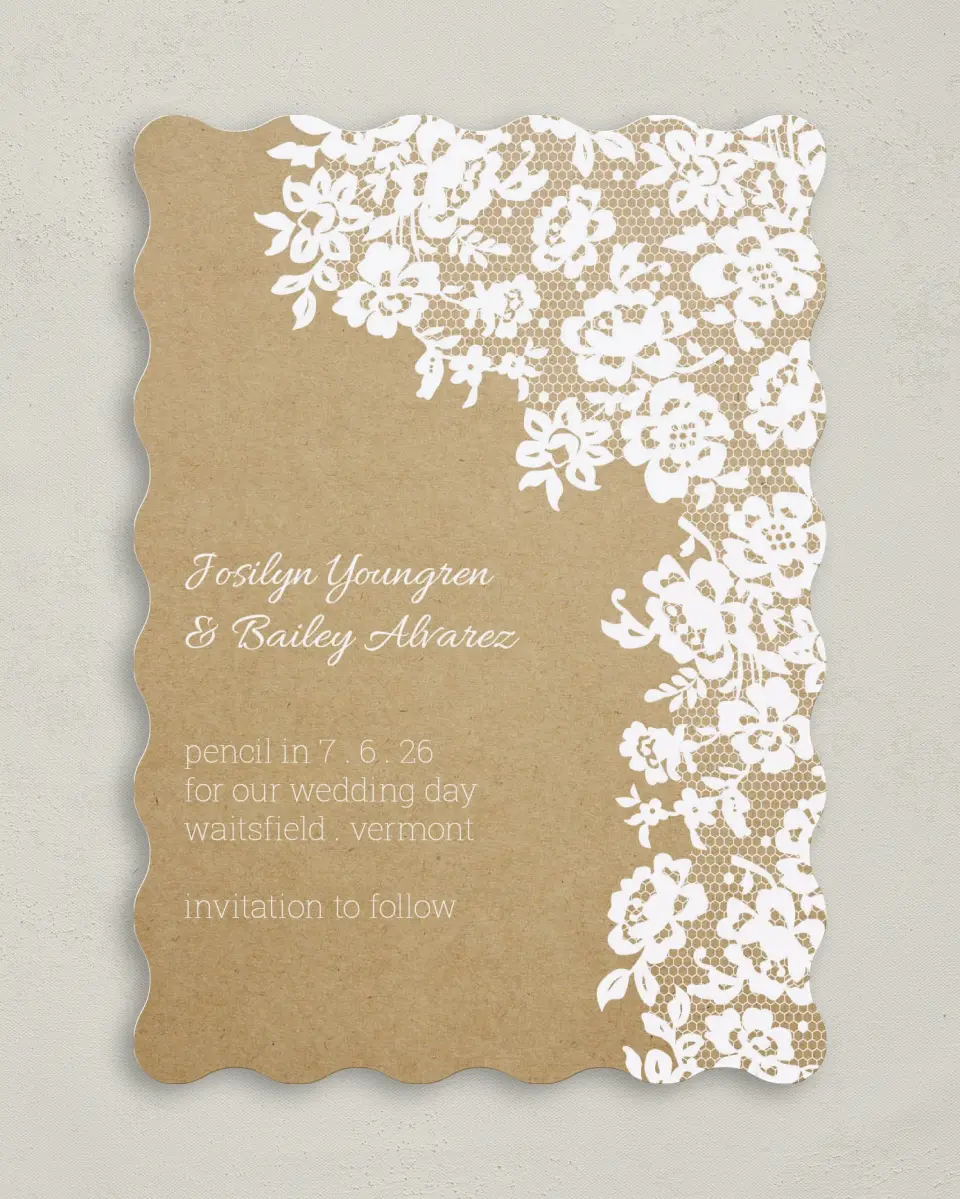 This is a 5" x 7" Save the Date Card called Floral Lace printed in full color on Premium Smooth paper