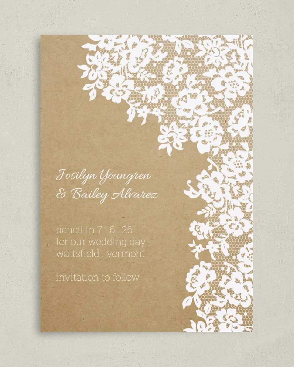 This is a 5" x 7" Save the Date Card called Floral Lace printed in full color on Premium Smooth paper