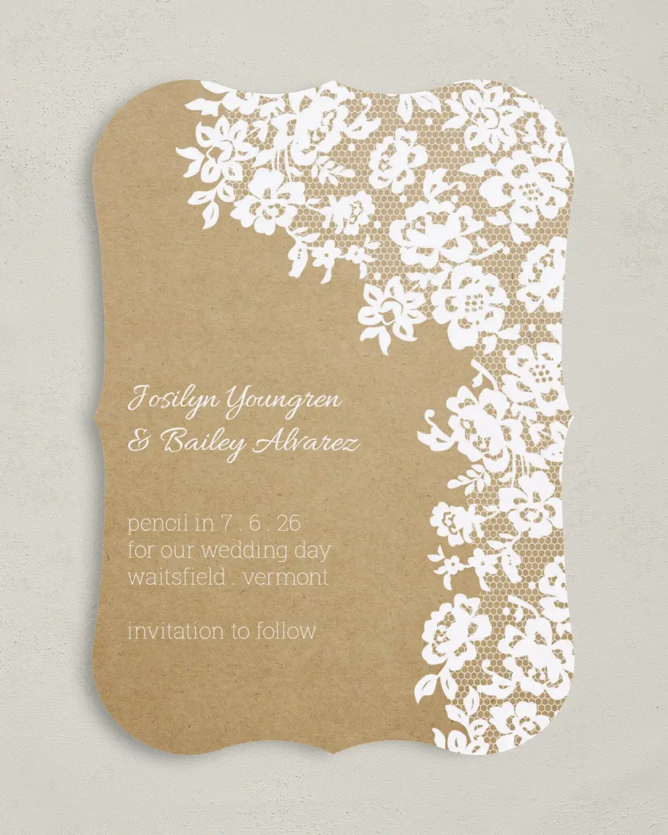 This is a 5" x 7" Save the Date Card called Floral Lace printed in full color on Premium Smooth paper