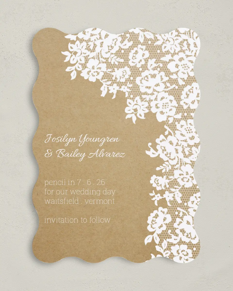 This is a 5" x 7" Save the Date Card called Floral Lace printed in full color on Premium Smooth paper