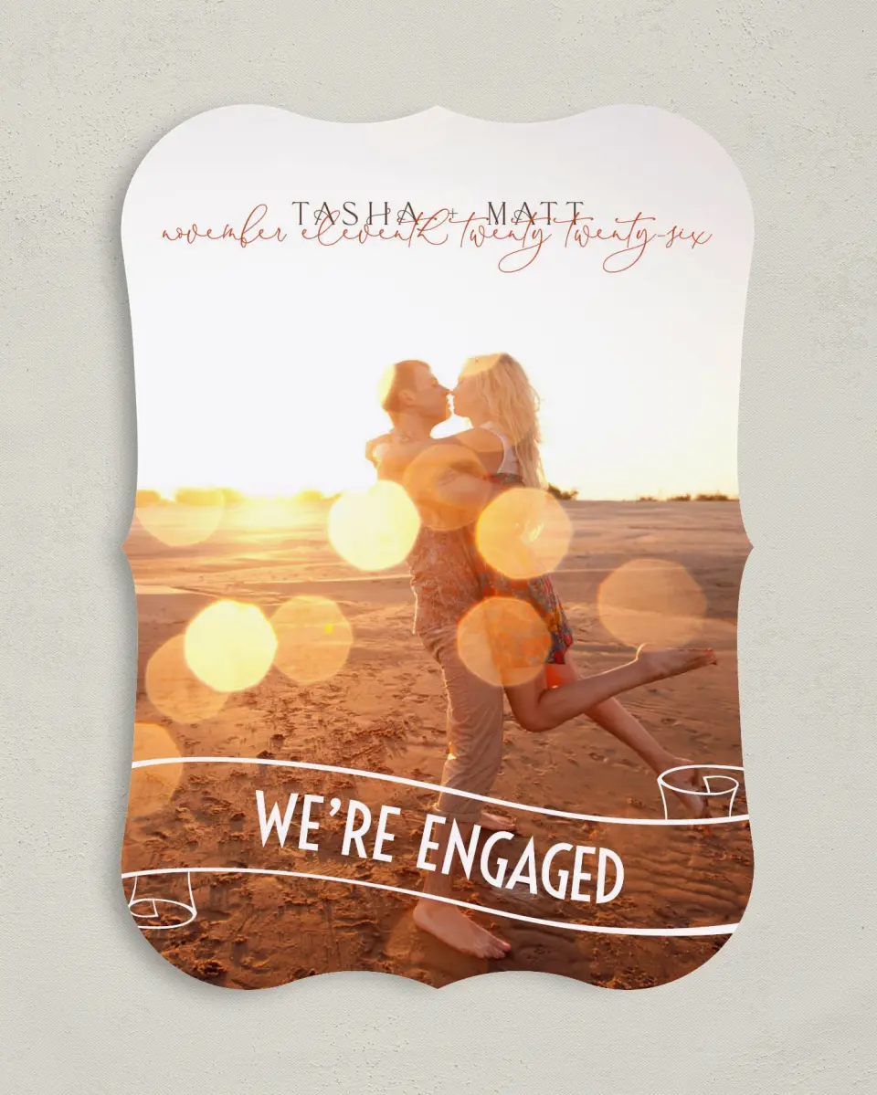 This is a 5" x 7" Save the Date Card called A Charmed Engagement printed in full color on Premium Smooth paper