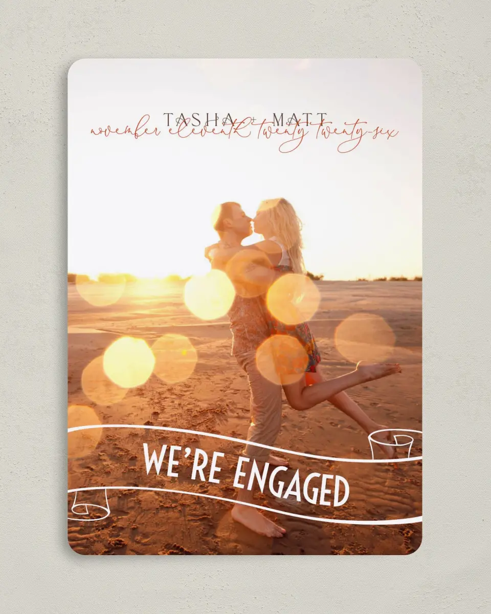 This is a 5" x 7" Save the Date Card called A Charmed Engagement printed in full color on Premium Smooth paper