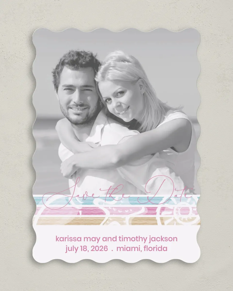 This is a 5" x 7" Save the Date Card called Salty Kisses printed in full color on Premium Smooth paper
