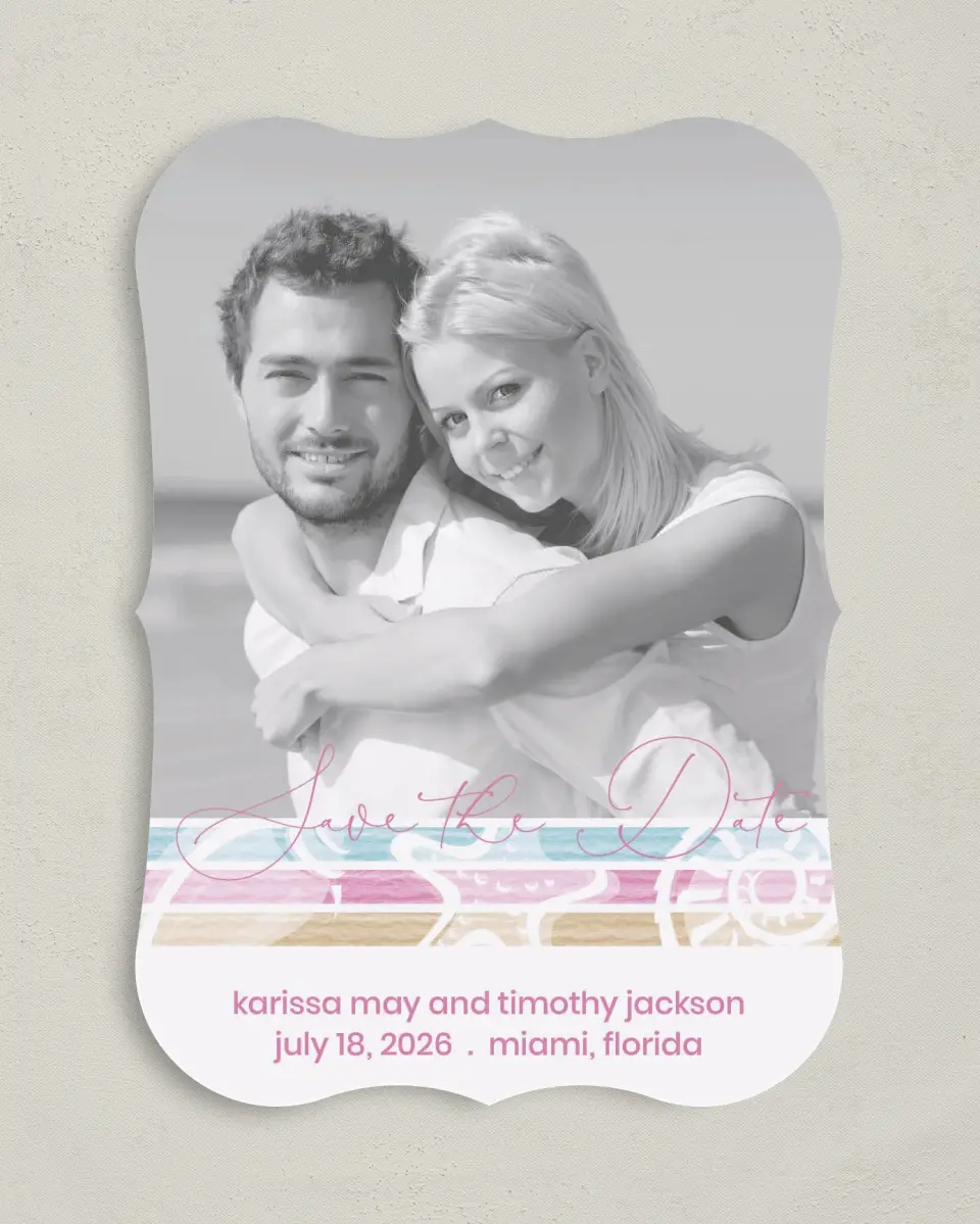This is a 5" x 7" Save the Date Card called Salty Kisses printed in full color on Premium Smooth paper