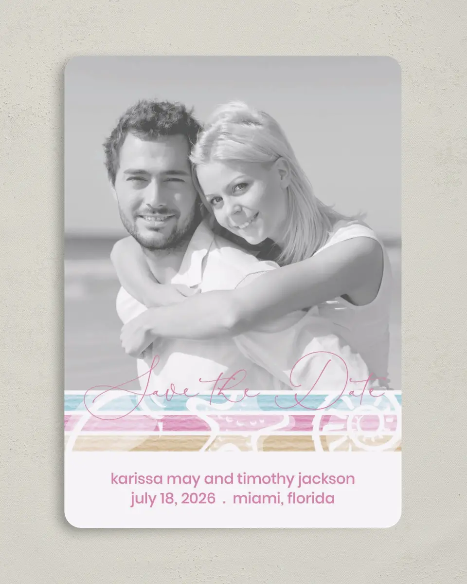 This is a 5" x 7" Save the Date Card called Salty Kisses printed in full color on Premium Smooth paper