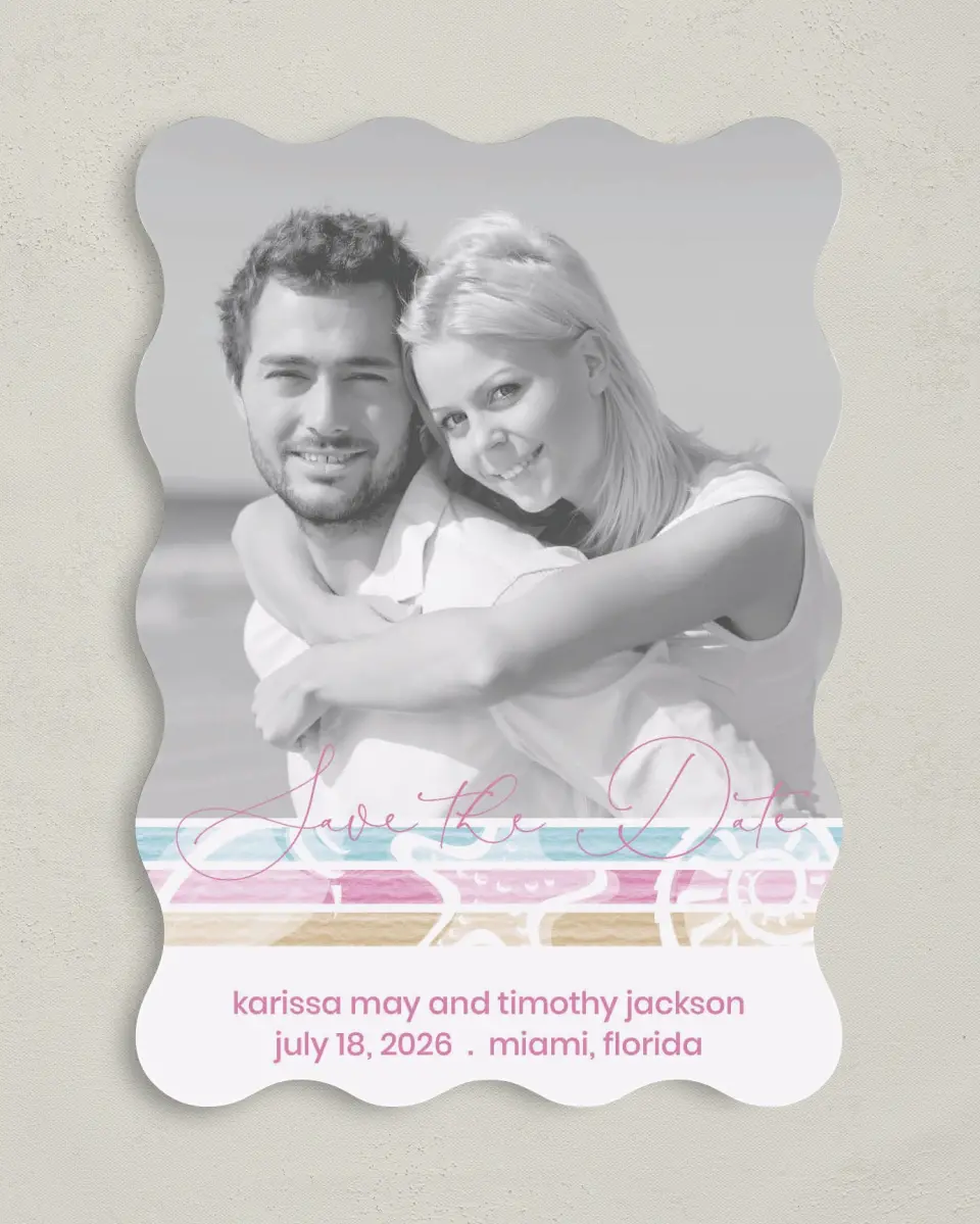 This is a 5" x 7" Save the Date Card called Salty Kisses printed in full color on Premium Smooth paper