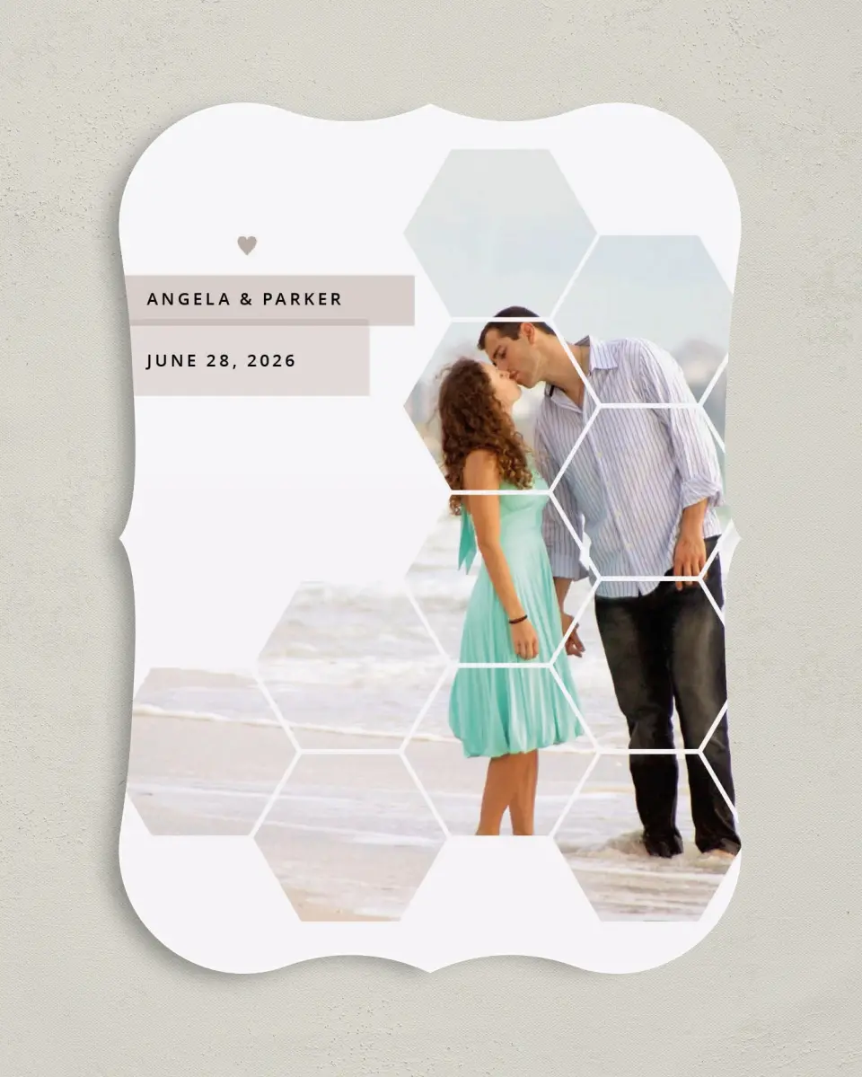 This is a 5" x 7" Save the Date Card called Honeycomb Sweetness printed in full color on Premium Smooth paper