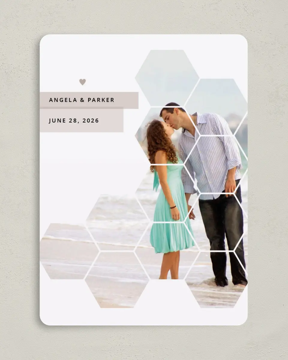 This is a 5" x 7" Save the Date Card called Honeycomb Sweetness printed in full color on Premium Smooth paper