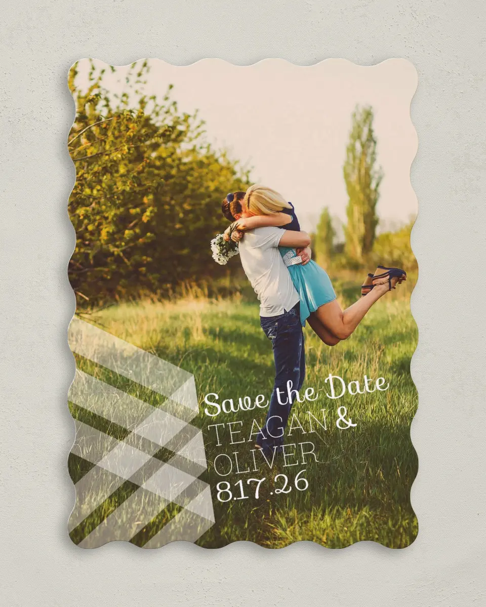 This is a 5" x 7" Save the Date Card called Geometric Fling printed in full color on Premium Smooth paper