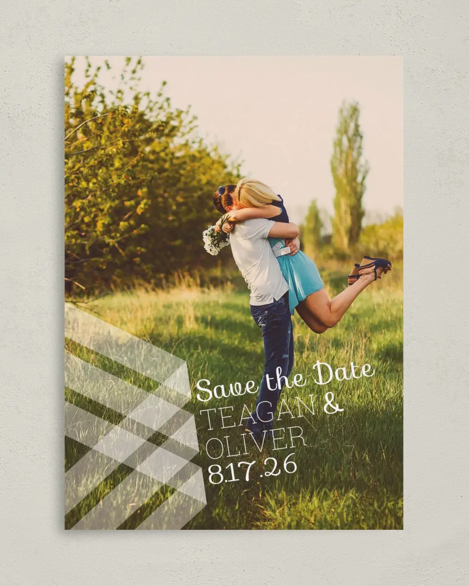 This is a 5" x 7" Save the Date Card called Geometric Fling printed in full color on Premium Smooth paper