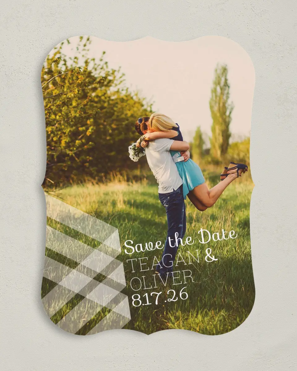 This is a 5" x 7" Save the Date Card called Geometric Fling printed in full color on Premium Smooth paper