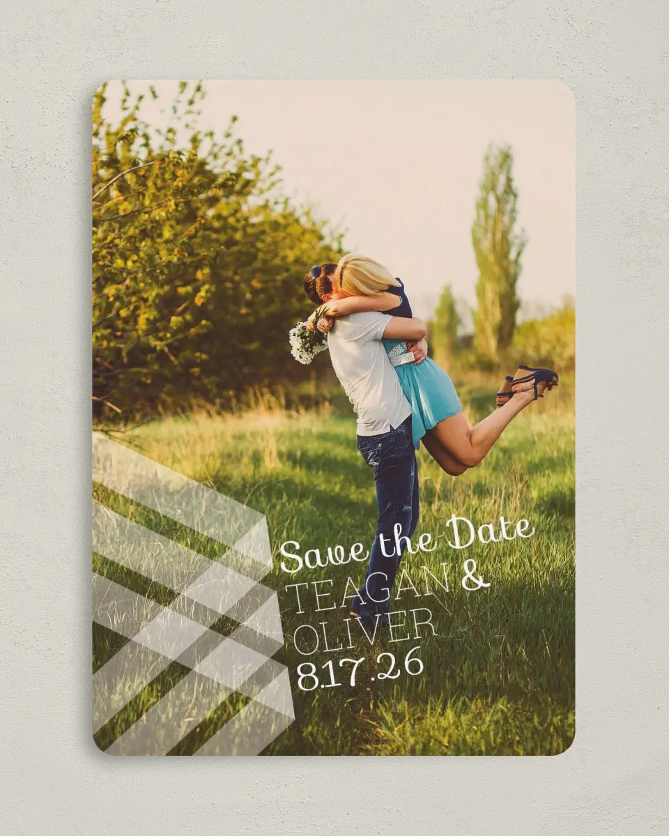This is a 5" x 7" Save the Date Card called Geometric Fling printed in full color on Premium Smooth paper