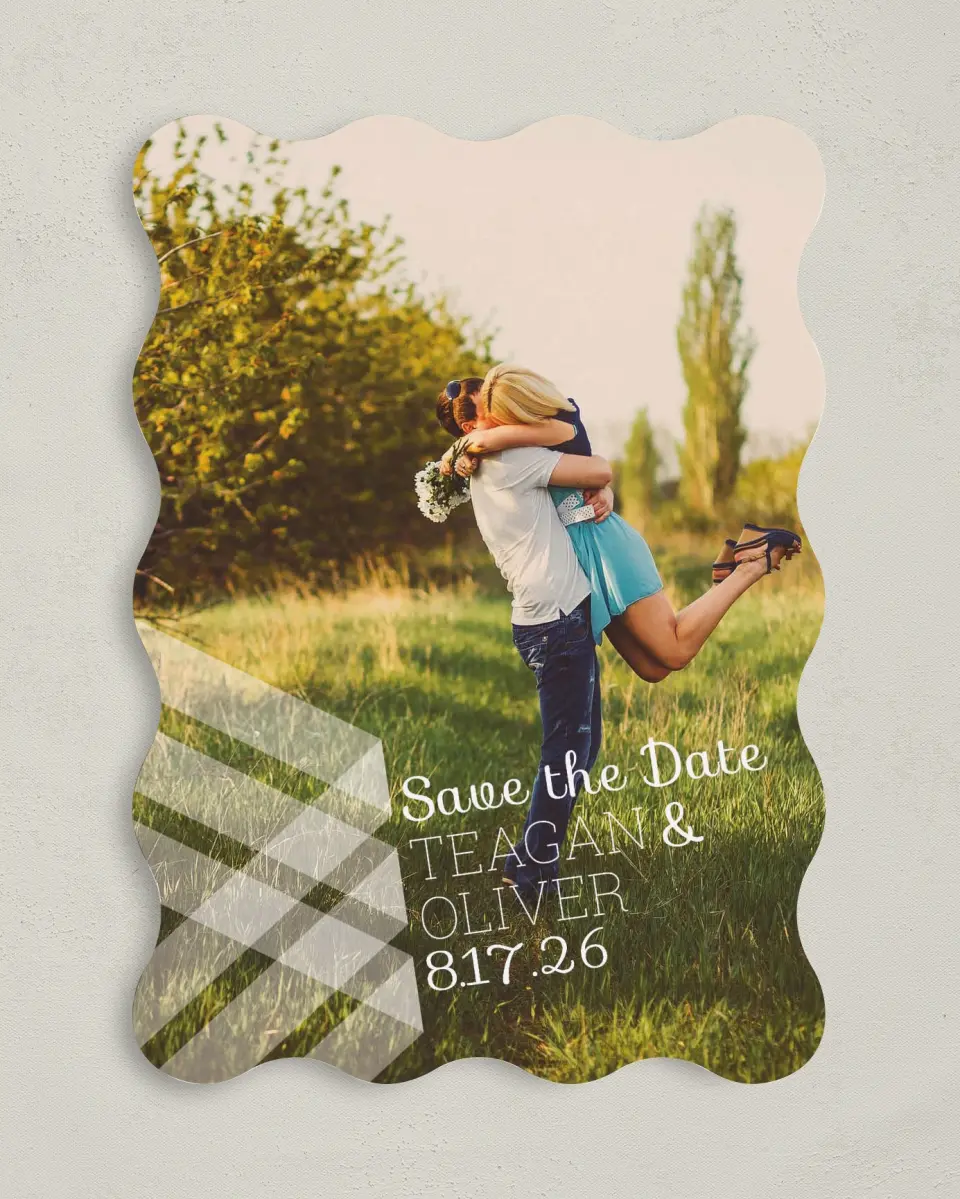 This is a 5" x 7" Save the Date Card called Geometric Fling printed in full color on Premium Smooth paper