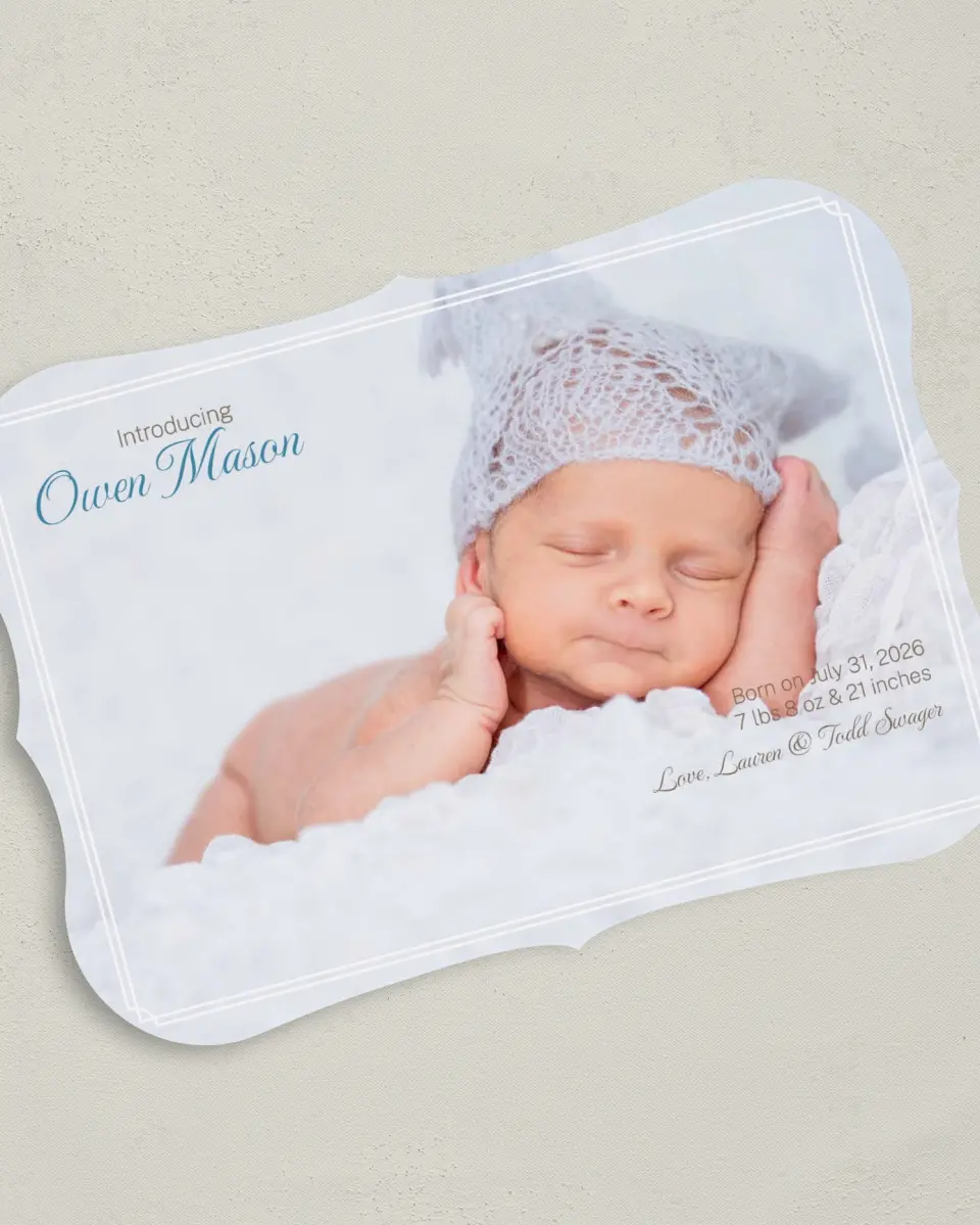 This is a 5" x 7" Birth Announcement Card called Darling Introduction printed in full color on Premium Smooth paper