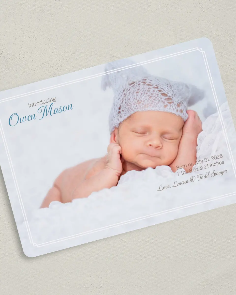 This is a 5" x 7" Birth Announcement Card called Darling Introduction printed in full color on Premium Smooth paper