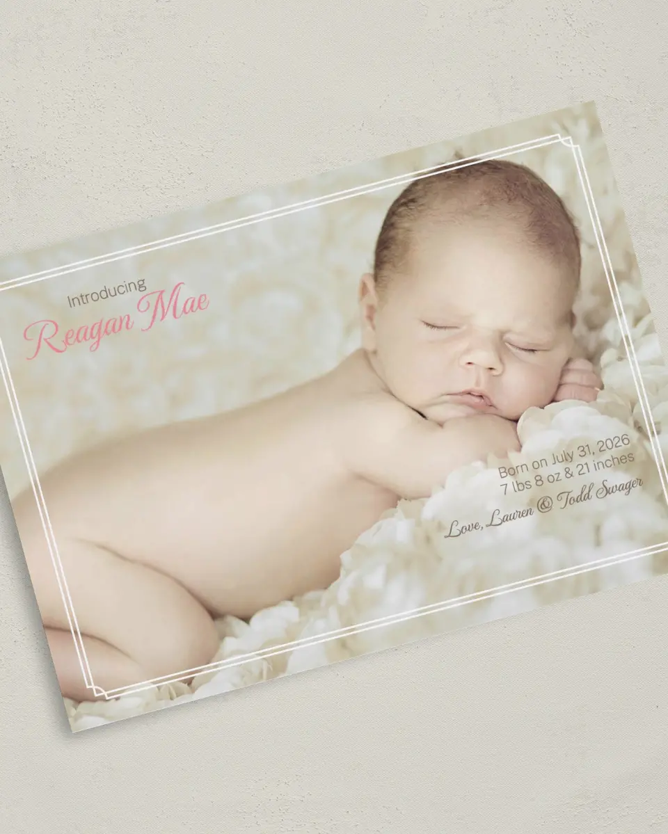 This is a 5" x 7" Birth Announcement Card called Darling Introduction printed in full color on Premium Smooth paper