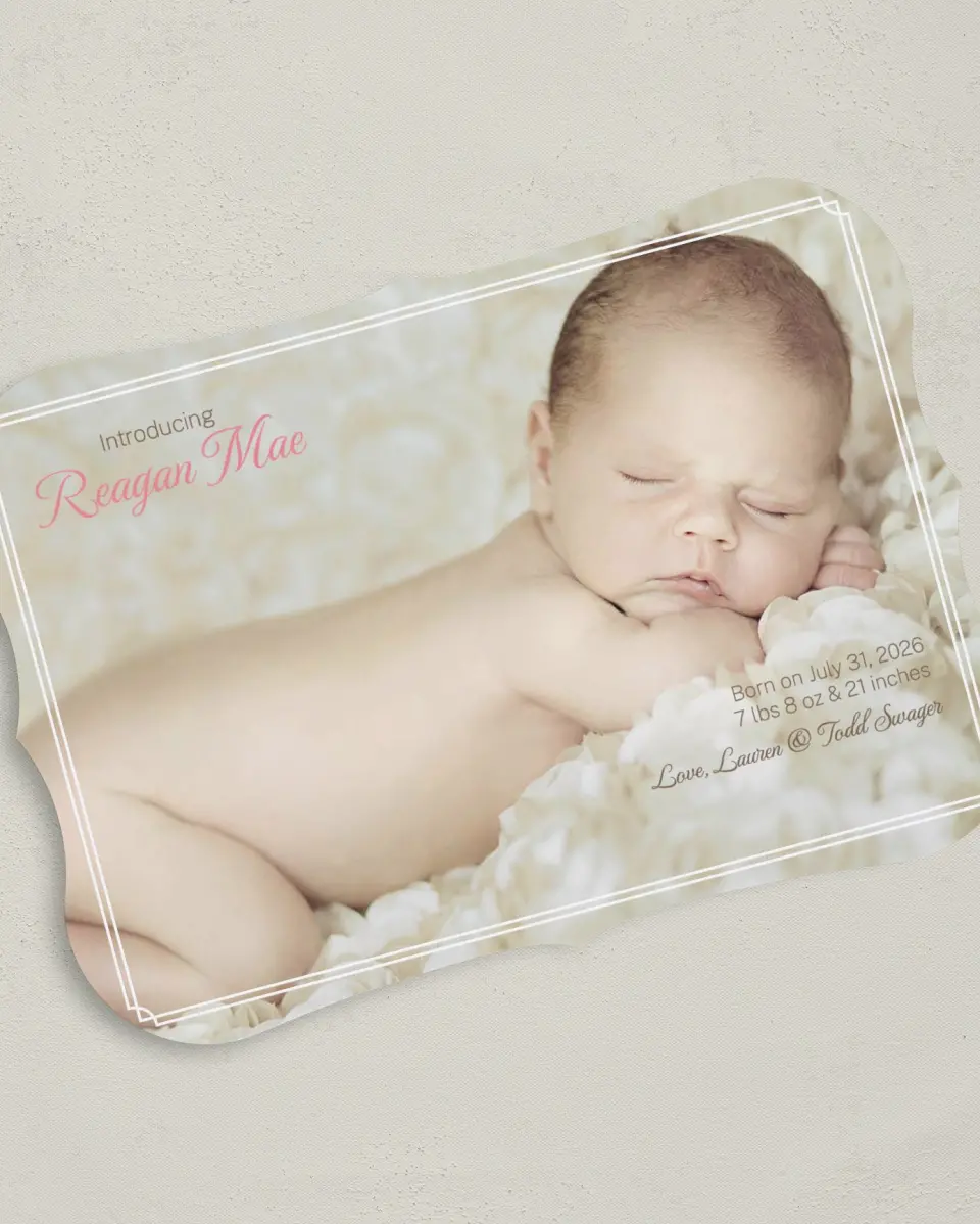 This is a 5" x 7" Birth Announcement Card called Darling Introduction printed in full color on Premium Smooth paper