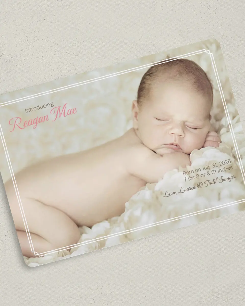 This is a 5" x 7" Birth Announcement Card called Darling Introduction printed in full color on Premium Smooth paper