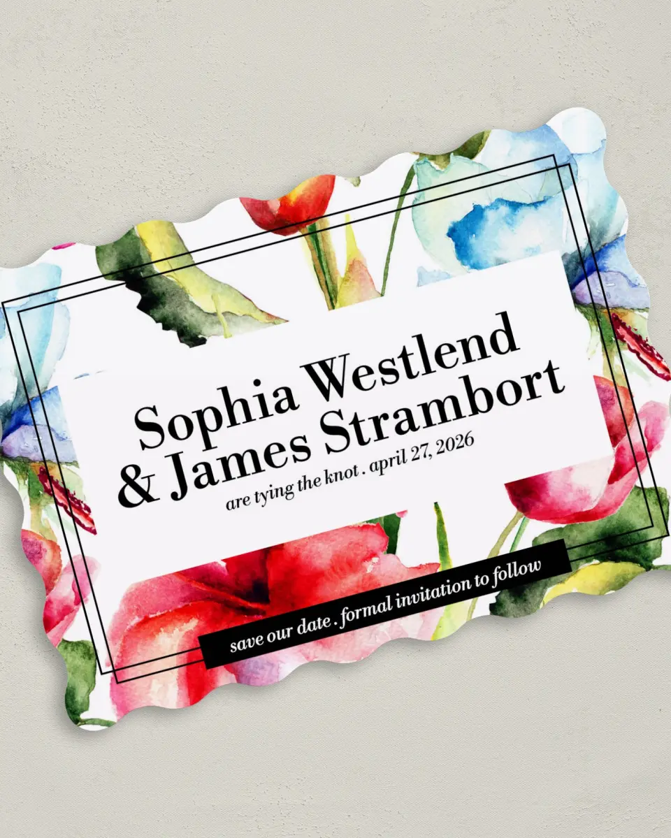 This is a 5" x 7" Save the Date Card called Floral Watercolor printed in full color on Premium Smooth paper