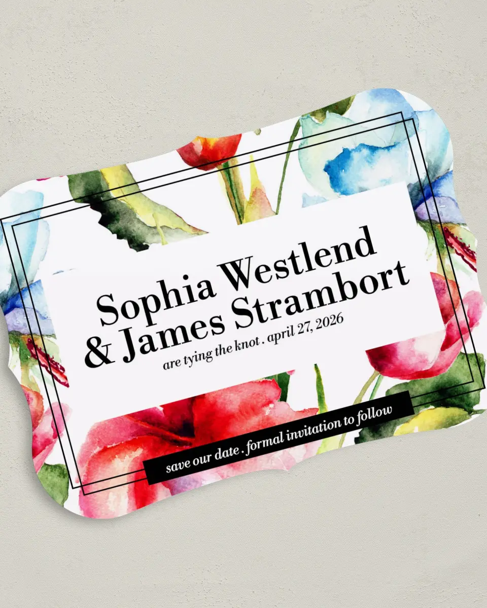 This is a 5" x 7" Save the Date Card called Floral Watercolor printed in full color on Premium Smooth paper
