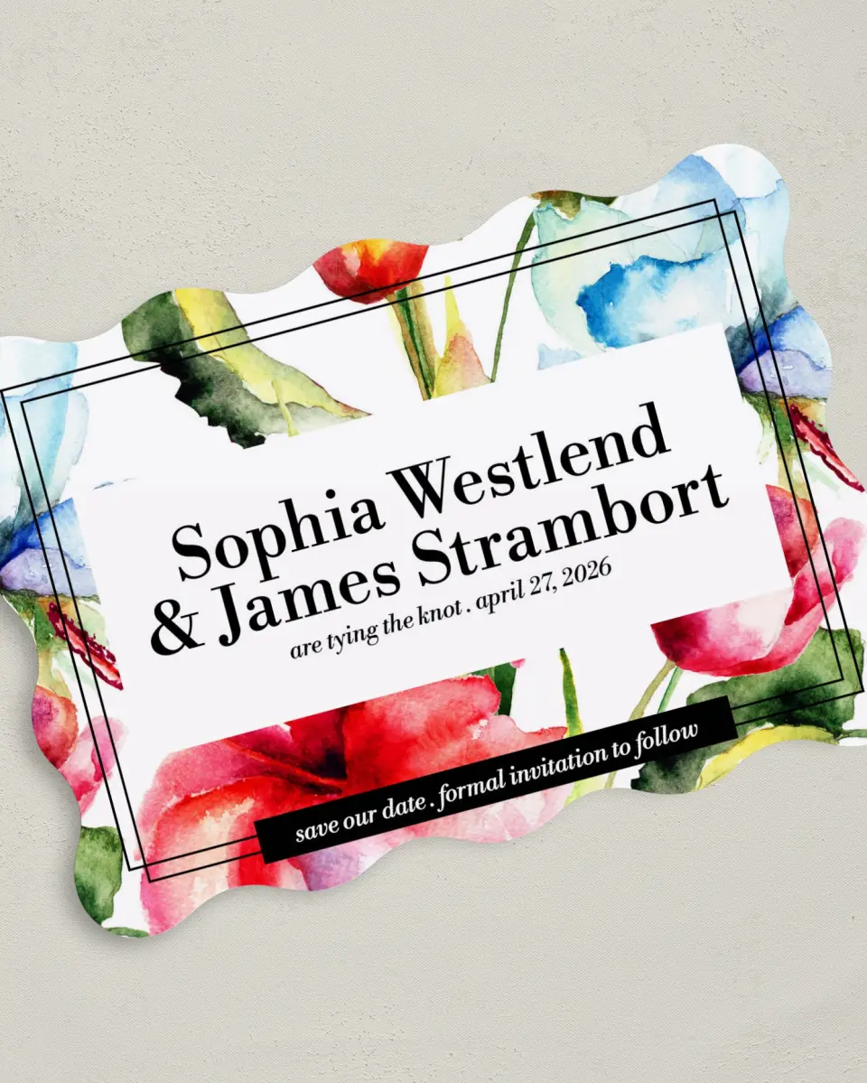 This is a 5" x 7" Save the Date Card called Floral Watercolor printed in full color on Premium Smooth paper