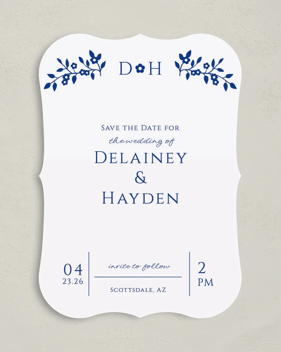 This is a 5" x 7" Save the Date Card called Secret Garden printed in full color on Premium Smooth paper