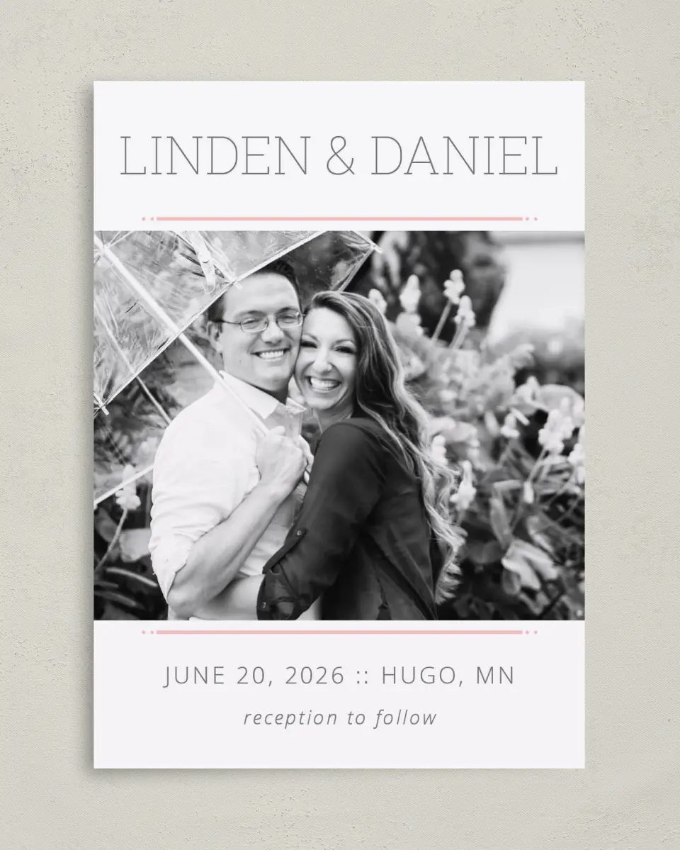 This is a 5" x 7" Save the Date Card called Sweetly Charmed printed in full color on Premium Smooth paper