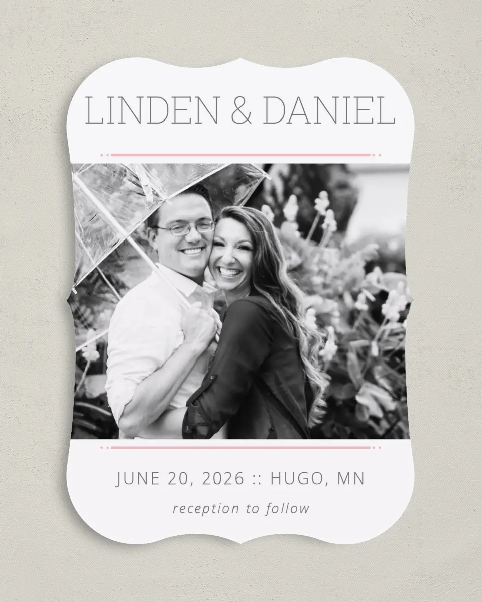 This is a 5" x 7" Save the Date Card called Sweetly Charmed printed in full color on Premium Smooth paper