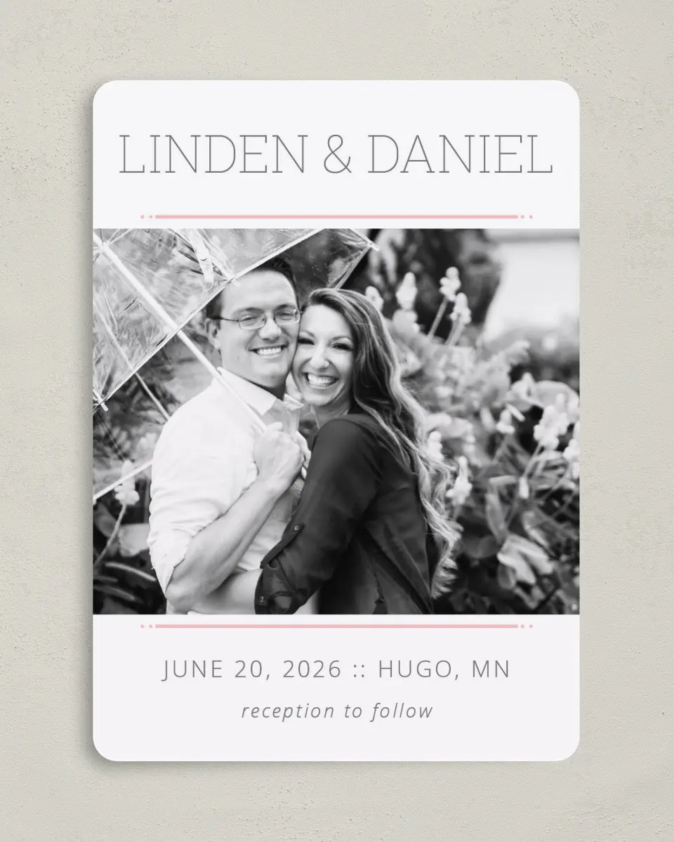 This is a 5" x 7" Save the Date Card called Sweetly Charmed printed in full color on Premium Smooth paper