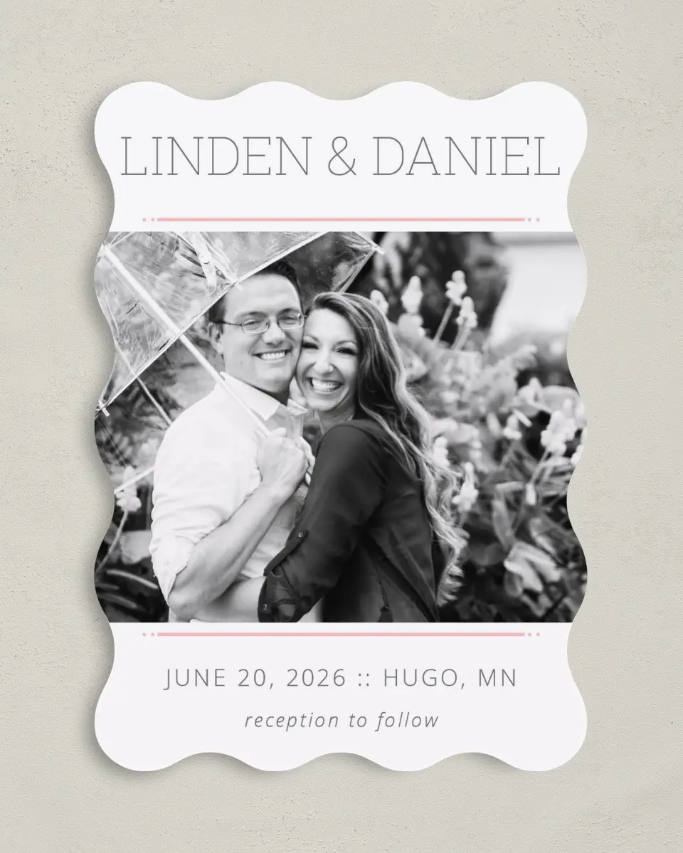 This is a 5" x 7" Save the Date Card called Sweetly Charmed printed in full color on Premium Smooth paper