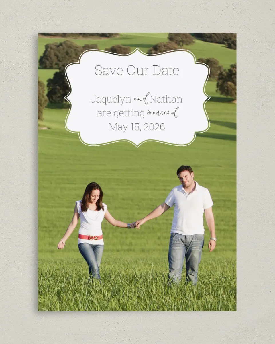 This is a 5" x 7" Save the Date Card called Promise to Love printed in full color on Premium Smooth paper