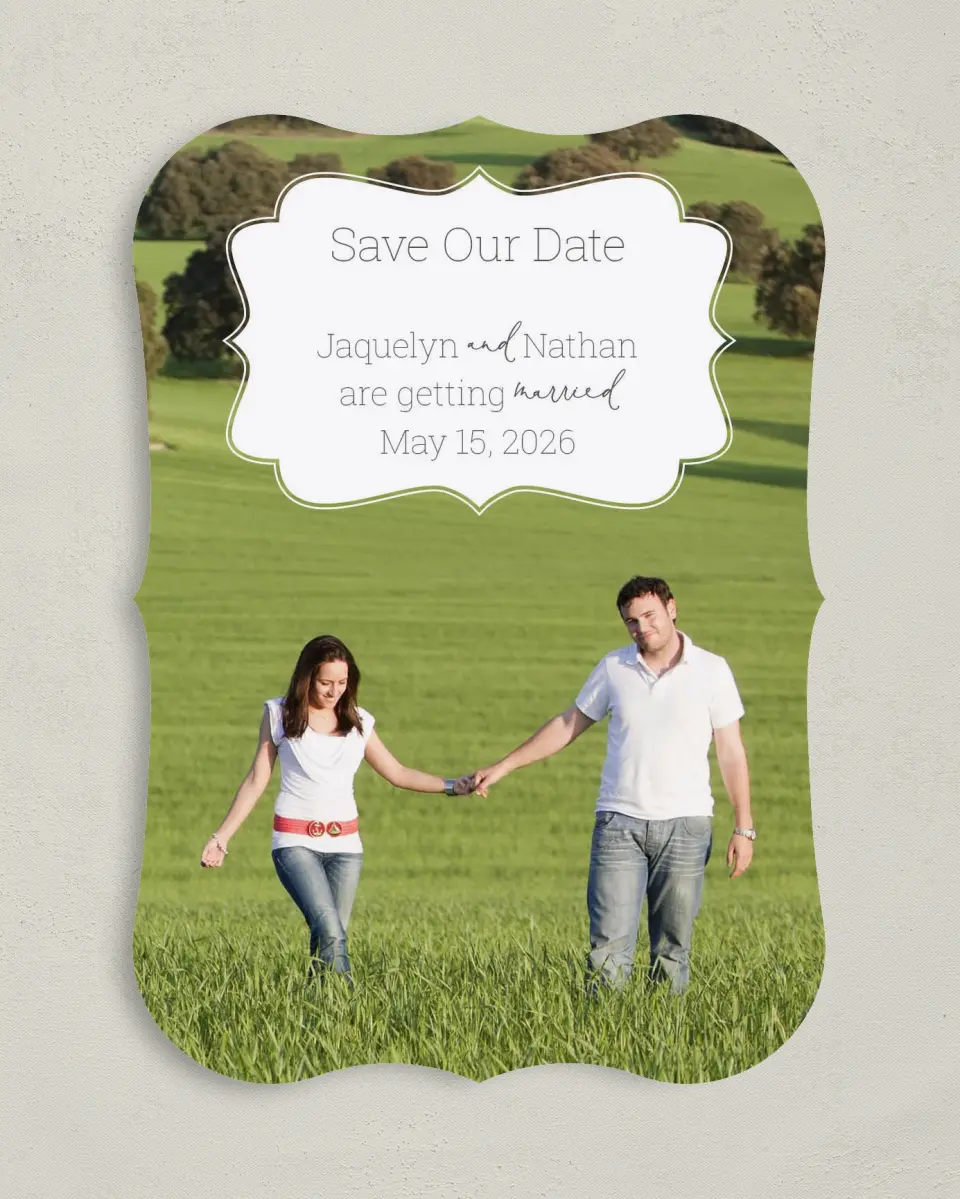 This is a 5" x 7" Save the Date Card called Promise to Love printed in full color on Premium Smooth paper