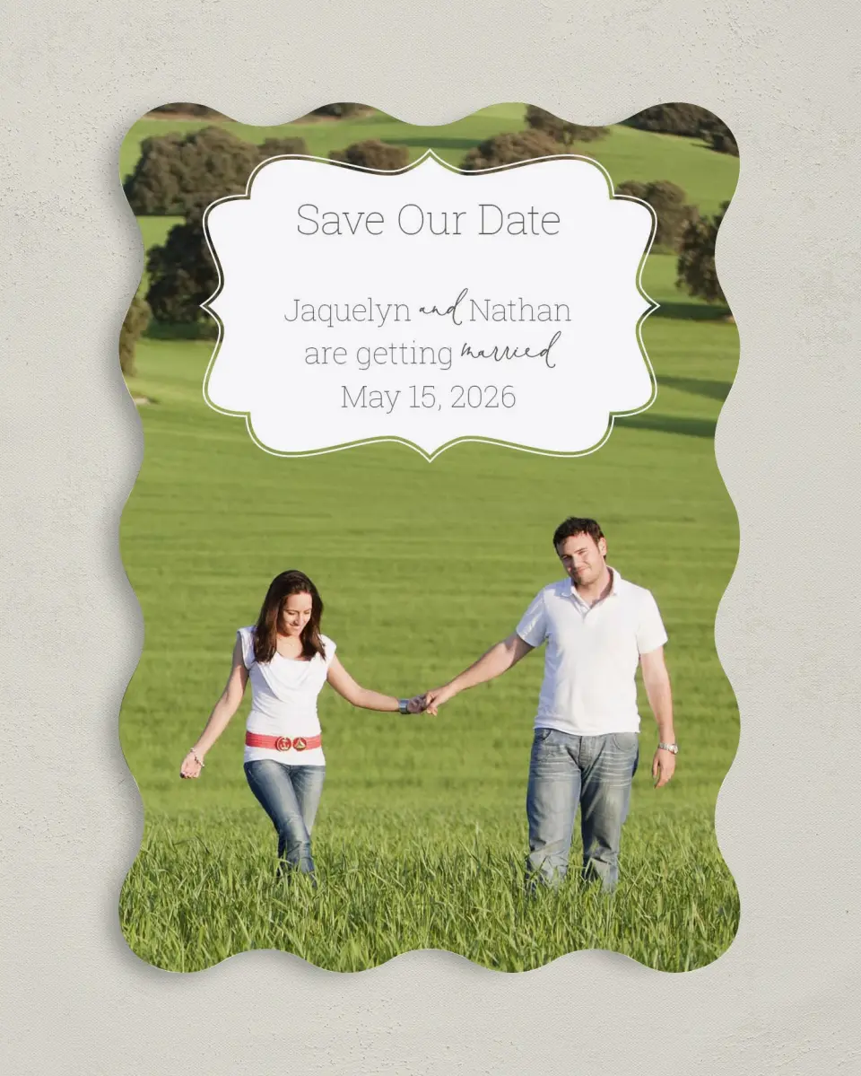 This is a 5" x 7" Save the Date Card called Promise to Love printed in full color on Premium Smooth paper
