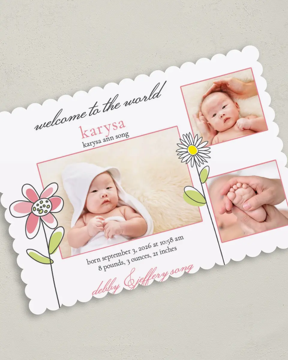 This is a 5" x 7" Birth Announcement Card called Blooming Beauty printed in full color on Premium Smooth paper