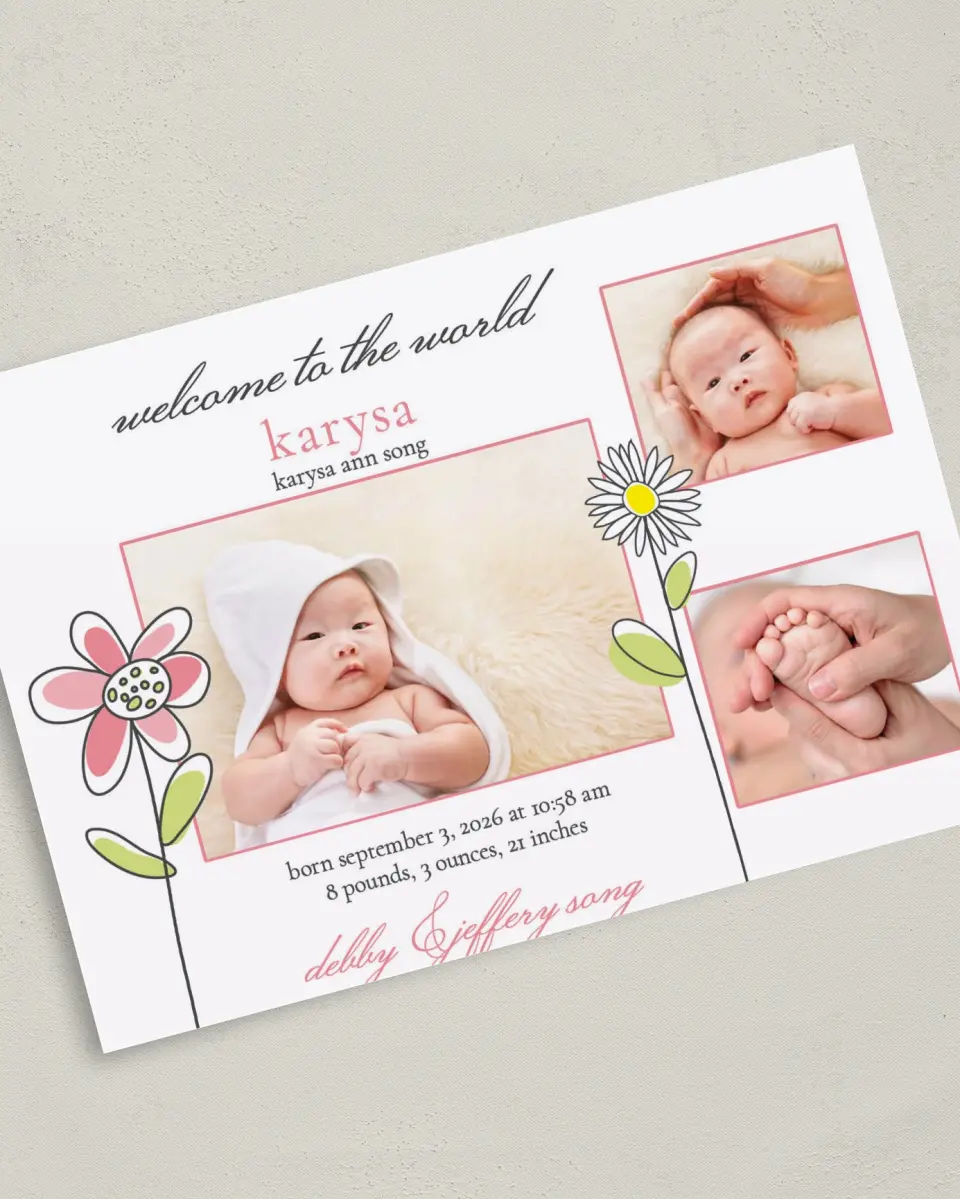 This is a 5" x 7" Birth Announcement Card called Blooming Beauty printed in full color on Premium Smooth paper