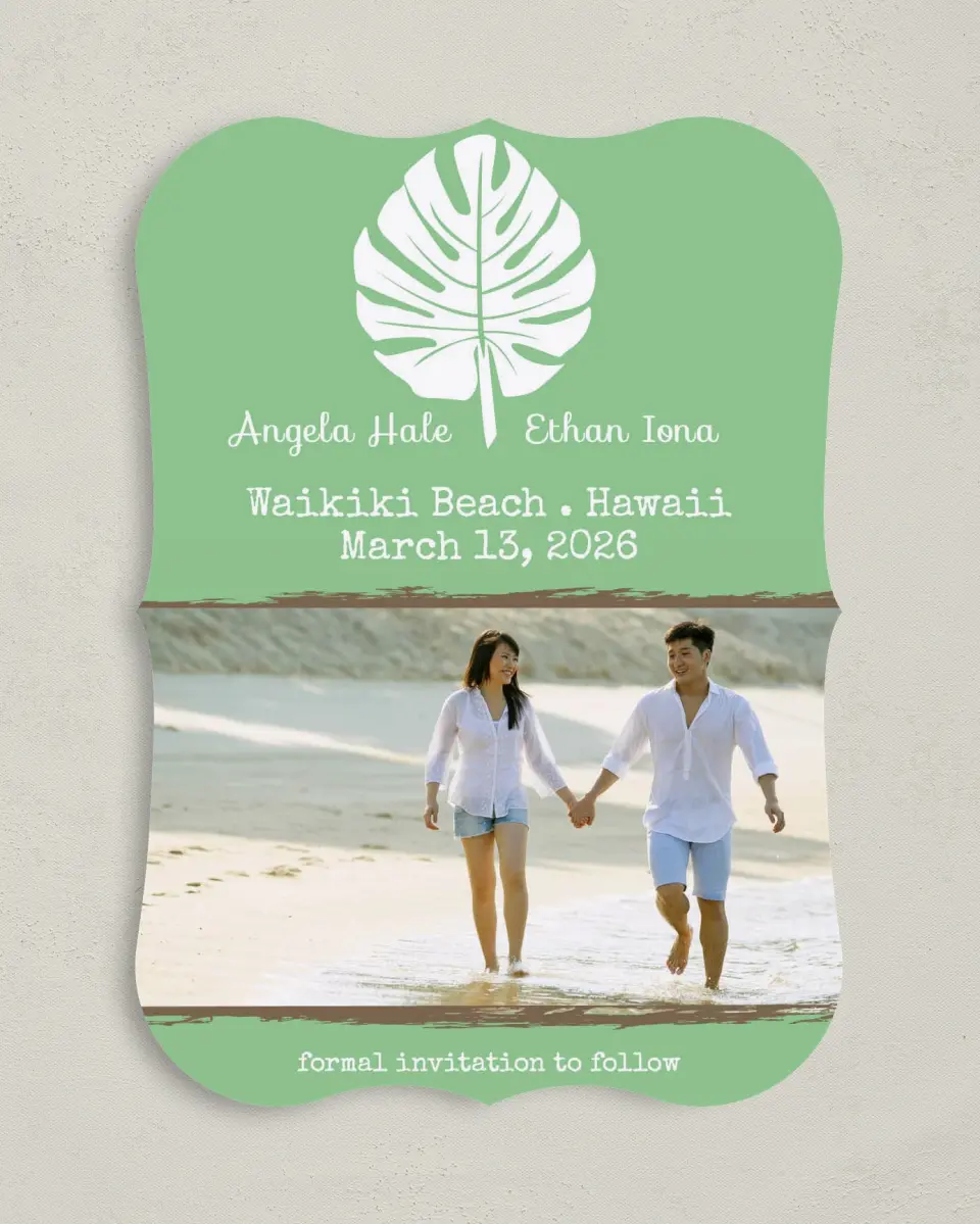 This is a 5" x 7" Save the Date Card called Palms in Paradise printed in full color on Premium Smooth paper