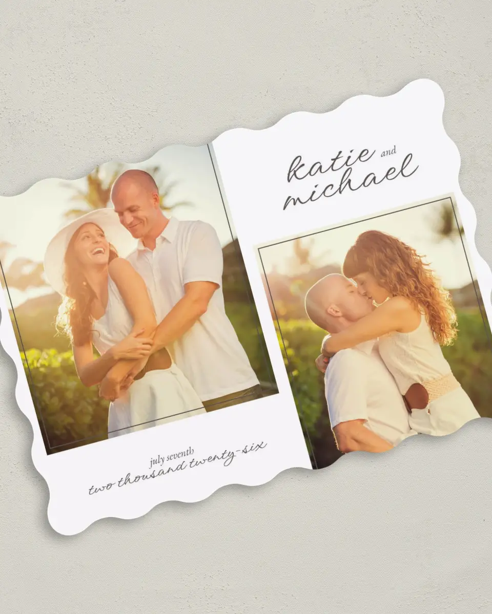 This is a 5" x 7" Save the Date Card called Vintage Affair printed in full color on Premium Smooth paper